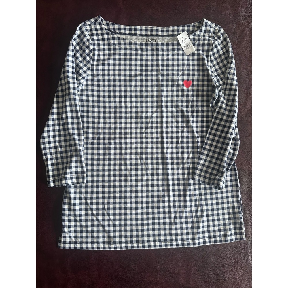 Loft Outlet Navy Blue White Gingham Heart Boat Neck Top NWT Size M